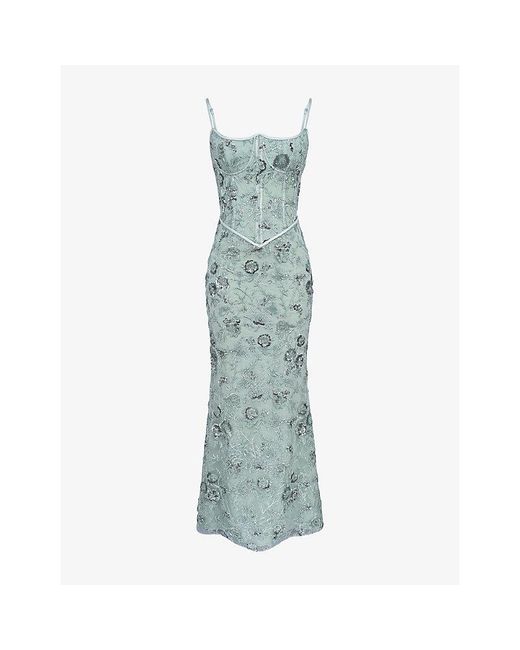 House Of Cb Green Naima Embellished Mesh Maxi Dress