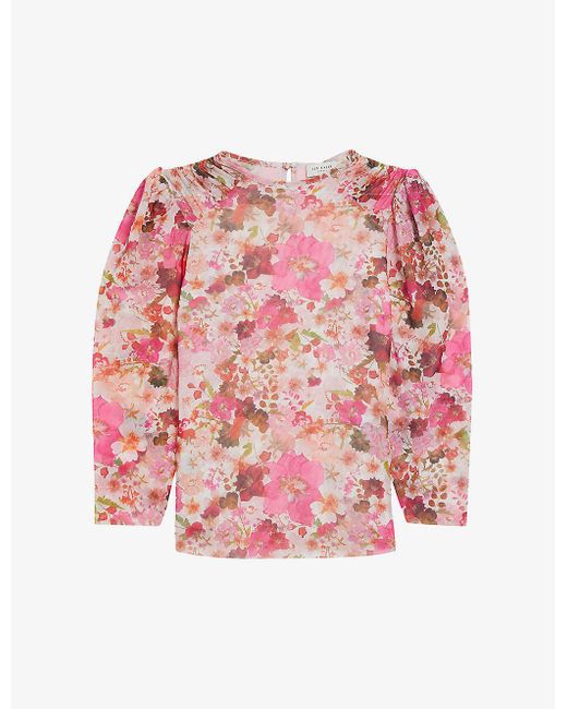 Ted Baker Pink Pressed Flower-print Puff-sleeve Stretch-mesh Top