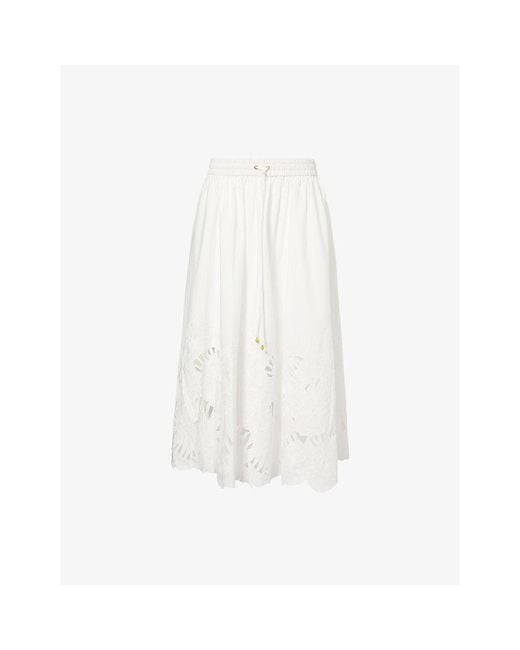 Zimmermann White Mahon Embroidered Cotton Midi Skirt