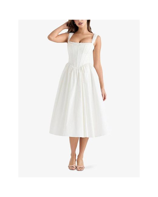 House Of Cb White Amara Floral-Print Lace-Embroidered Stretch-Cotton Midi Dress Xs (A-C Cup)