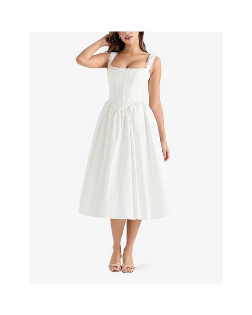 House Of Cb White Amara Floral-Print Lace-Embroidered Stretch-Cotton Midi Dress Xs (A-C Cup)