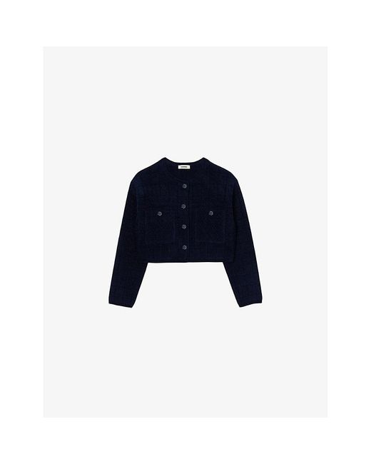 Sandro Blue Patch-Pocket Cropped Tweed Jacket