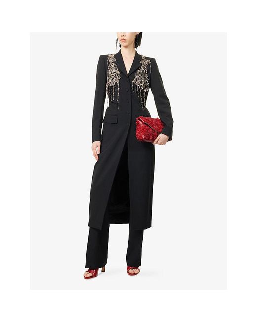 Dries Van Noten Black Embellished Notch-Lapels Wool-Blend Coat