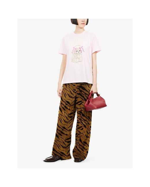Ganni Pink Relaxed-Fit Logo-Print Cotton T-Shirt