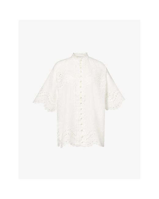 Zimmermann White Scalloped-trim Embroidered-panel Linen Shirt
