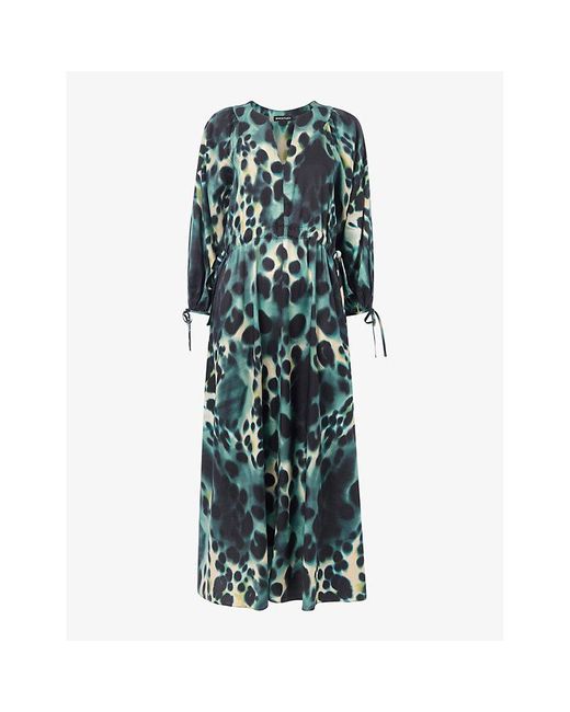 Whistles Green Misty Leopard-Print Woven Midi Dress