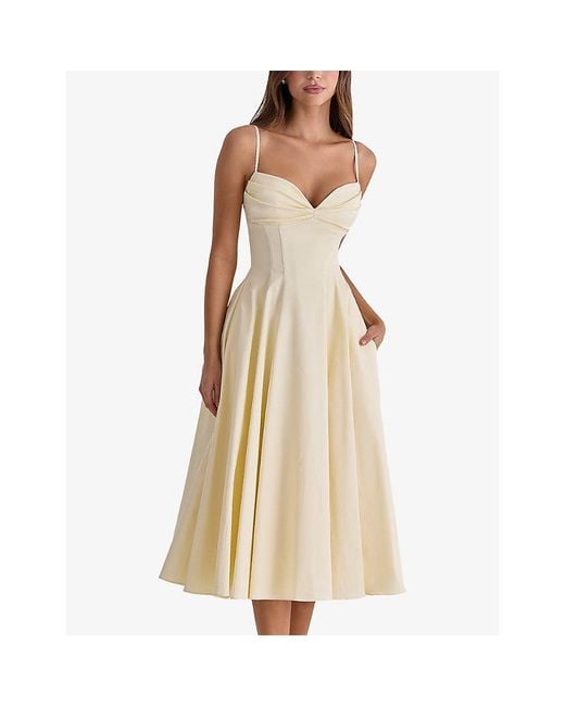 House Of Cb Yellow Dahlia Sweetheart-Neck Cotton Midi Dress Xs (A-C Cup)