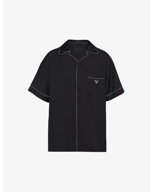 Prada Blue Short-sleeved Brand-plaque Oversized-fit Silk Shirt Xx for men