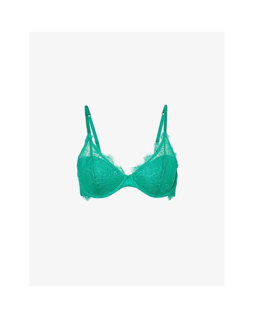 Love Stories Gwyneth Floral-embroidered Stretch-lace Bra in Green