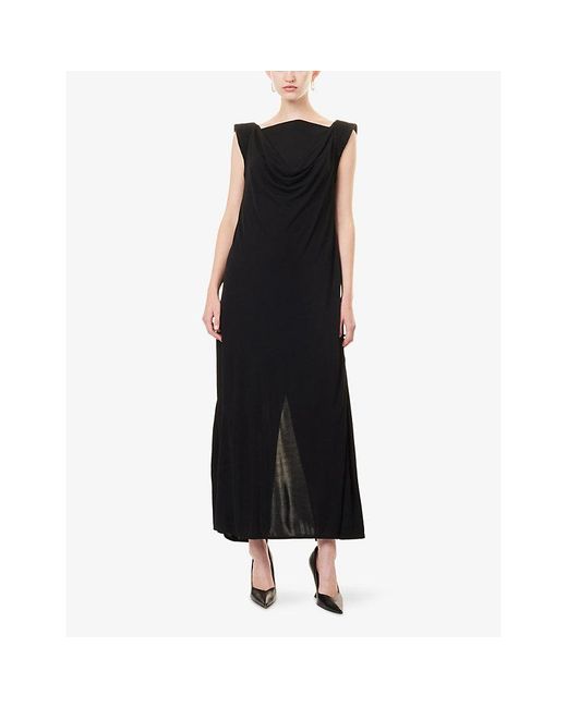 Bottega Veneta Black Intrecciato-Strap Draped Jersey Maxi Dress