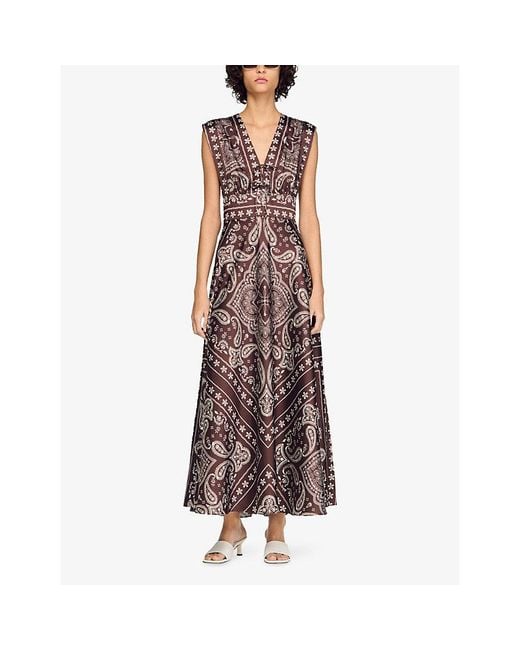 Sandro Brown Bandana-Print Satin Maxi Dress