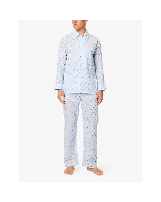 Derek Rose Blue Ledbury Striped Elephant-Print Cotton Pyjamas for men