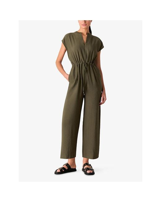 Whistles Green Cap-Sleeved Drawstring-Waist Woven Jumpsuit