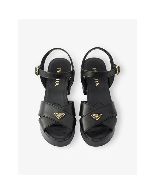 Prada Black Logo-Plaque Platform Leather Heeled Sandals