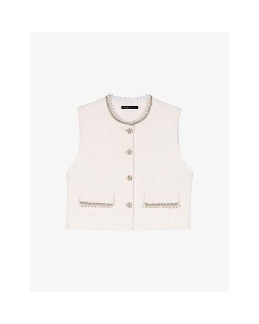 Maje White Sleeveless Bead-Embellished Tweed Jacket