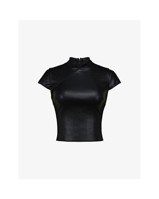 House Of Cb Black Bobbi Mandarin-Collar Vegan-Leather Top Xs (A-C Cup)