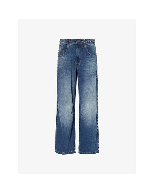 Jaded London Blue Colossus Studded Wide-Leg High-Rise Denim Jeans