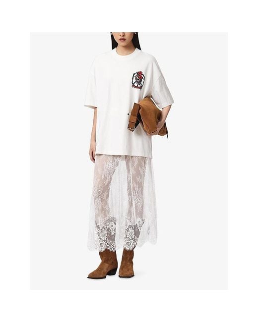 AllSaints White Arran High-Rise Lace-Embroidered Woven Midi Skirt