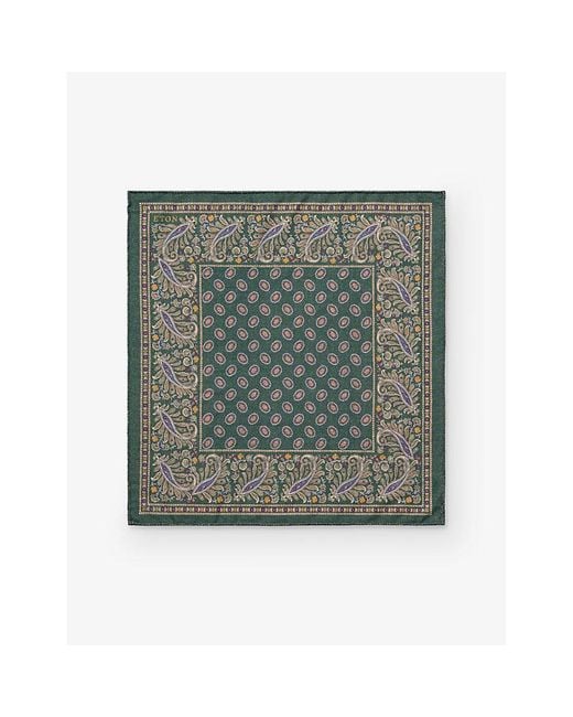 Eton of Sweden Green Paisley-Print Two-Face Wool Pocket Square for men