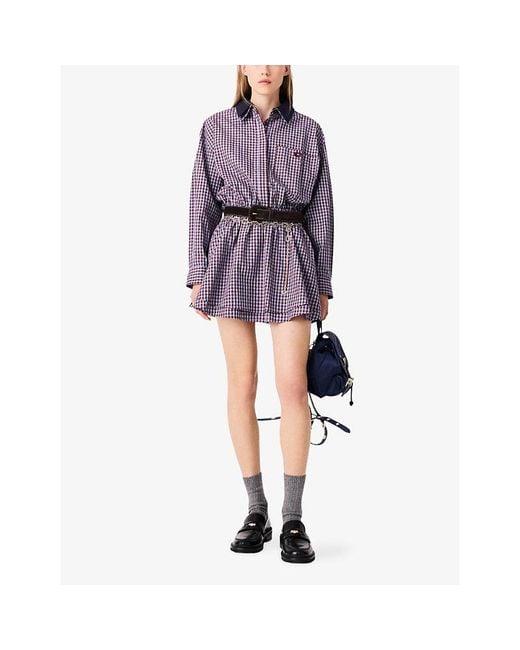 Maje Purple Checked Rhinestone-Embellished Cotton Mini Dress