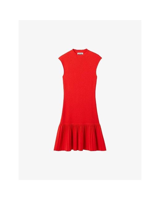 Claudie Pierlot Red Sleeveless Pleated-Trim Knitted Mini Dress