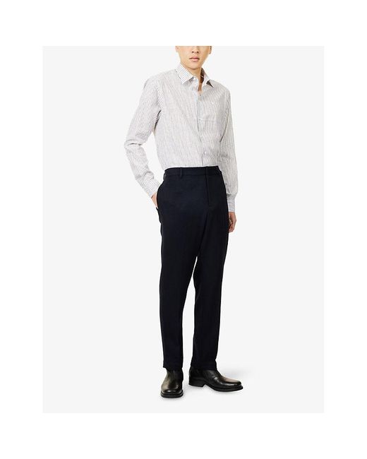 Emporio Armani Blue Logo-Plaque Flat Front Wool-Cashmere Blend Trousers for men