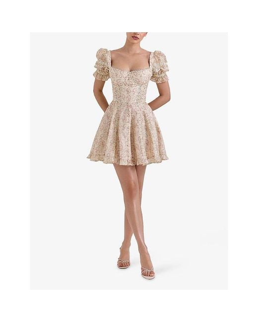 House Of Cb Natural Melita Puff-Sleeve Linen-Blend Mini Dress