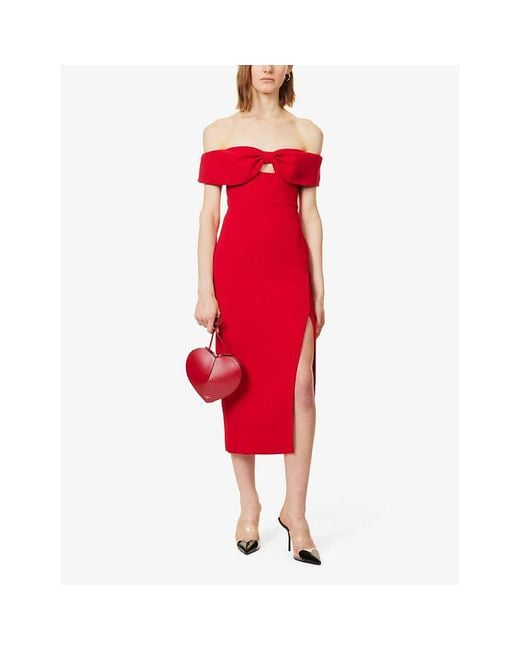 Self-Portrait Red Bow-embellished Split-hem Crepe Midi Dress