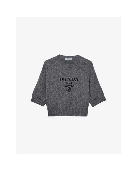 Prada Gray Logo-Intarsia Cashmere-Wool Blend Knitted Jumper