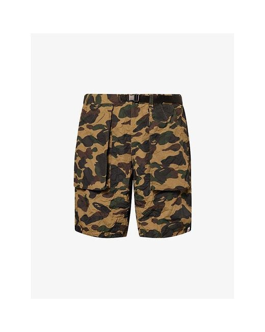A Bathing Ape Green Crinkle Camo Printed Cotton Shorts for men
