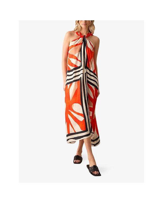 Ro&zo Red Placement-print Halterneck Woven Maxi Dress