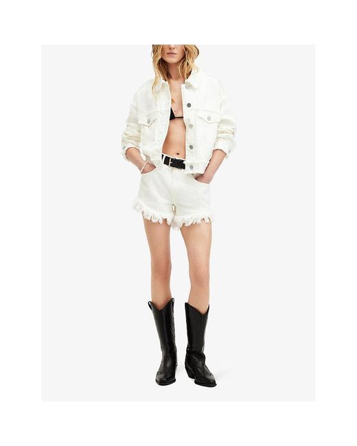 AllSaints White Astrid Frayed Organic-cotton Denim Shorts