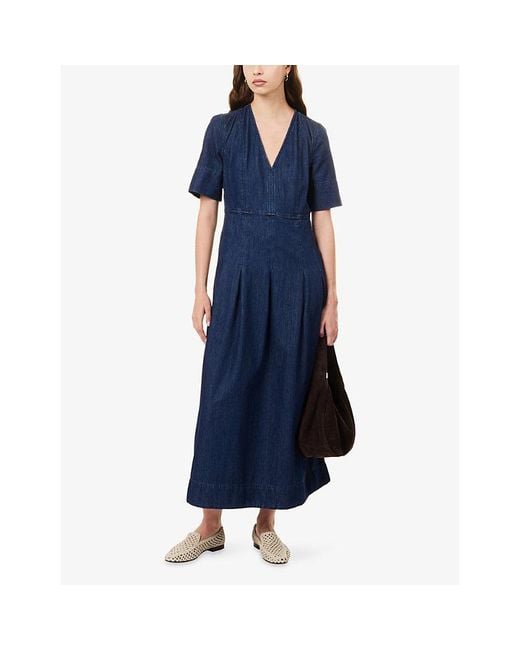 ME+EM Blue V-Neck Flared Denim Maxi Dress