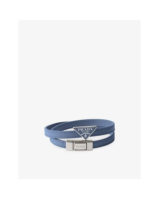 Prada Blue Logo-Plaque Saffiano-Leather Bracelet for men