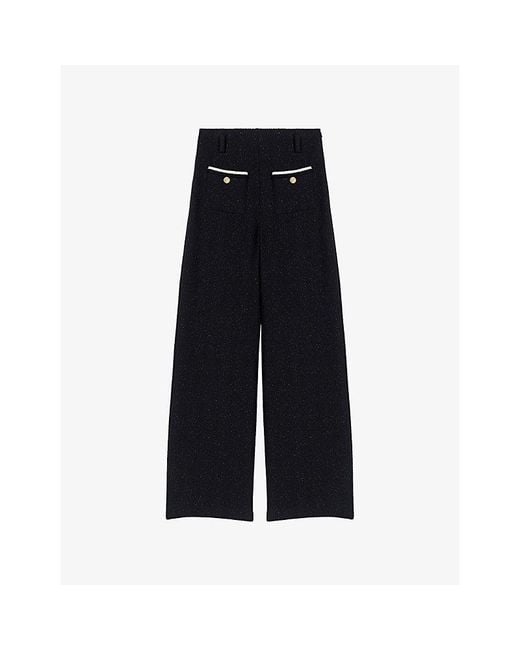 Maje Black Straight-Leg High-Rise Tweed Cotton-Blend Trousers