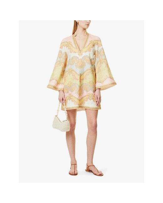 Zimmermann Maxine Paisley-Pattern Tunic Linen Mini Dress in