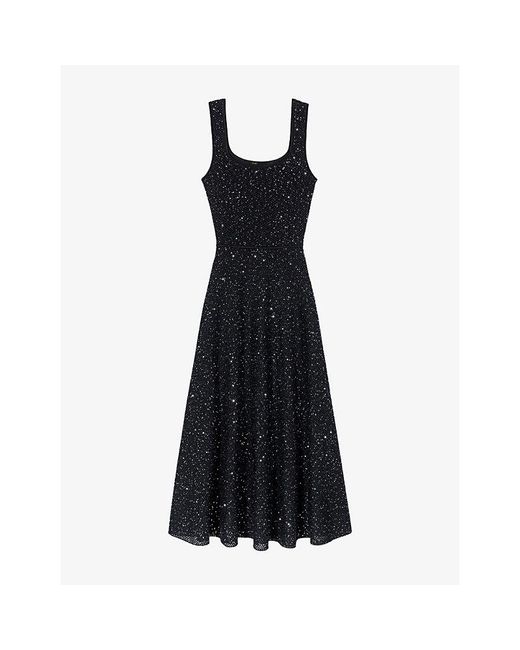 Maje Black Square-Neck Rhinestone-Embellished Knitted Maxi Dress