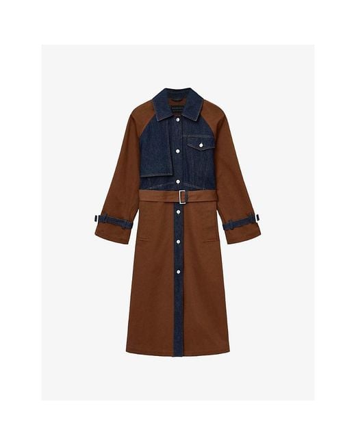 AllSaints Brown Dayly Denim-Panel Relaxed-Fit Stretch Organic-Cotton Trench