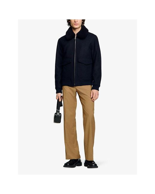 Sandro Blue Aviator Zip-Through Shearling Wool-Blend Jacket for men