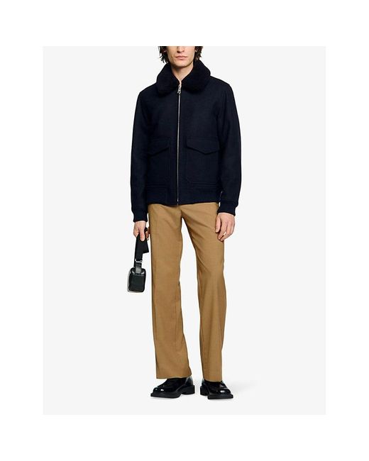 Sandro Blue Aviator Zip-Through Shearling Wool-Blend Jacket for men