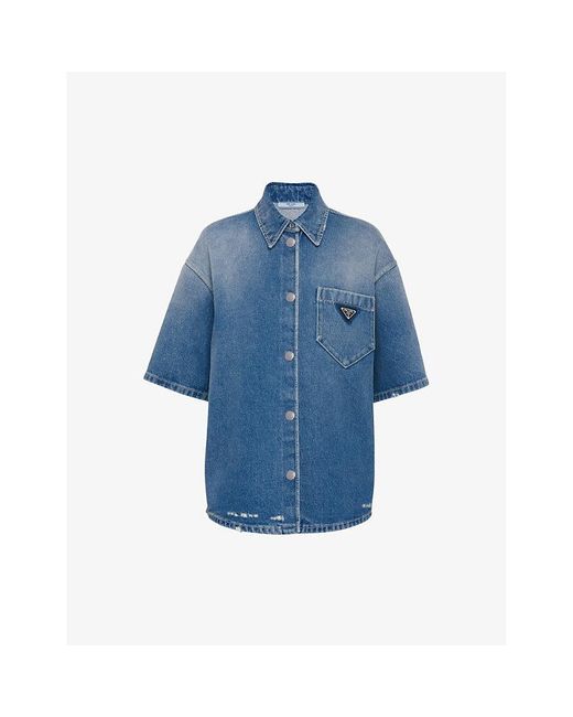 Prada Blue Brand-plaque Relaxed-fit Denim Shirt