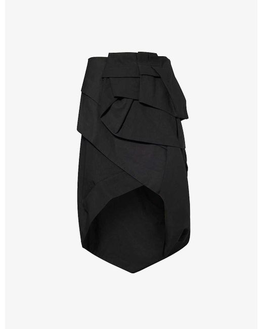 Dries Van Noten Black Draped Curved-hem Linen And Cotton-blend Midi Skirt