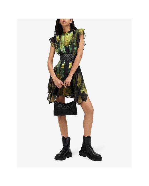 AllSaints Fleur Graphic Print Asymmetric Hem Recycled Polyester Mini Dress in Green Lyst