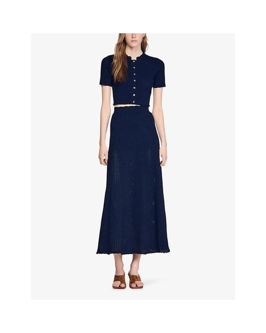Sandro Blue Elasticated-Waist Pointelle Knitted Maxi Skirt