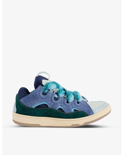 Lanvin Blue Curb Lace-Up Leather, Suede And Mesh Low-Top Trainers for men