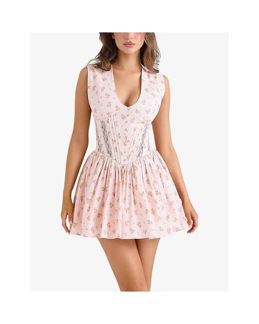 House Of Cb Pink Carmel Floral-Print Stretch-Cotton Mini Dress Xs (A-C Cup)