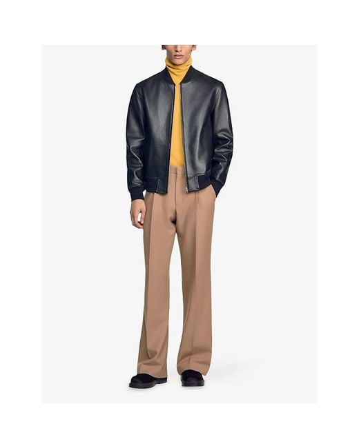 Sandro Black Zipped Regular-Fit Leather Bomber Jacket for men