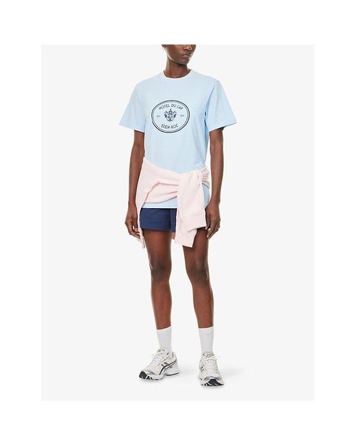 Sporty & Rich Blue Eden Crest Logo-Print Cotton T-Shirt