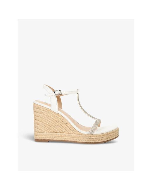 Dune Natural Kitten T-bar Leather Wedge Sandals