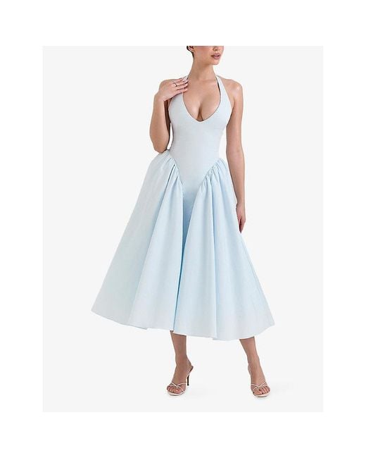 House Of Cb Blue Marilyn Halter Stretch-Cotton Midi Dress